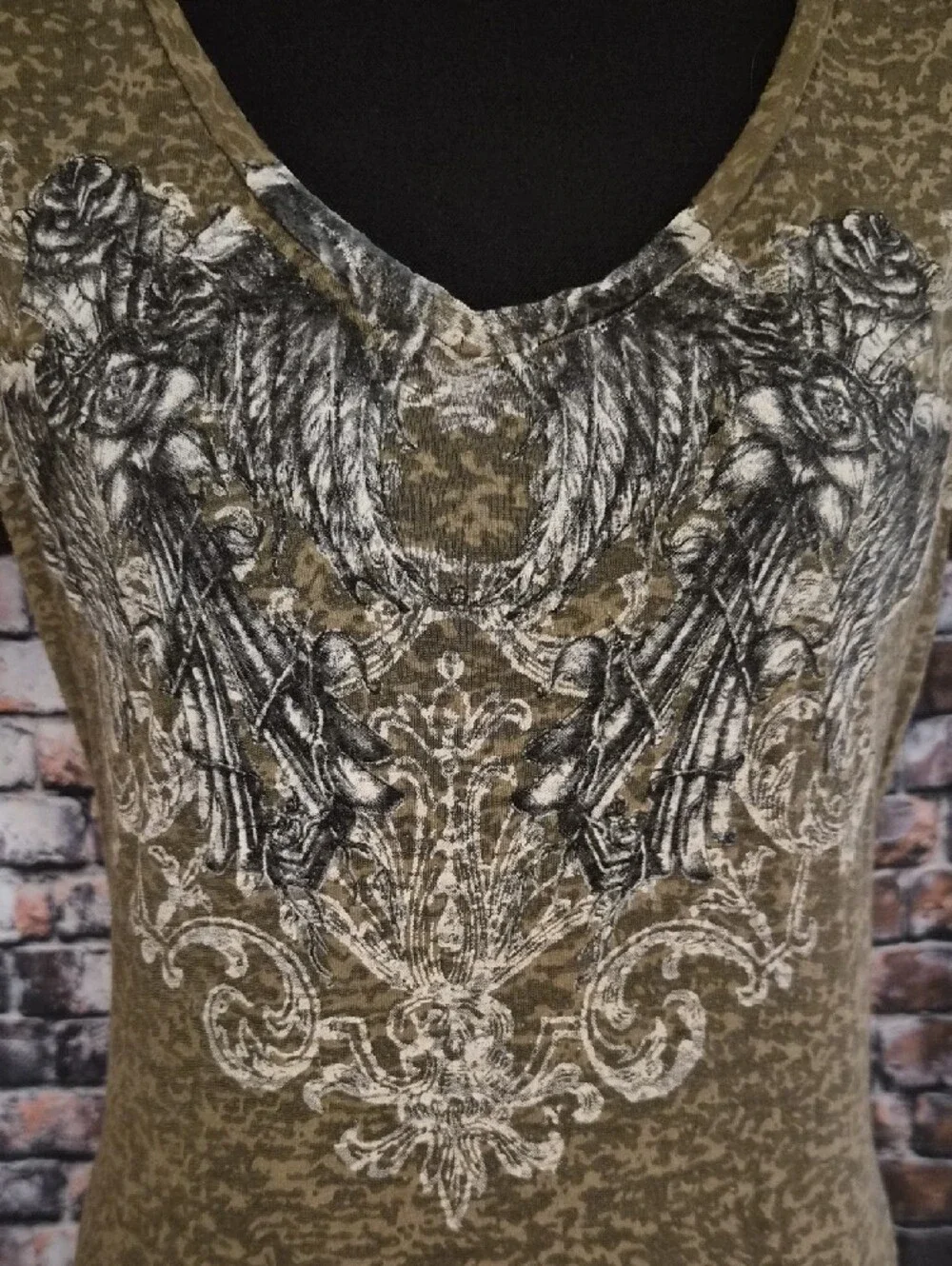 In Vein Women's Olive Short Sleeve V-Neck Tee with Ornate Front Graphic